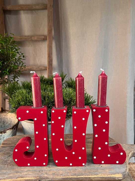 Advent Holz-Buchstaben Set JUL Kerzenhalter rot weiße Punkte Madleys H15
