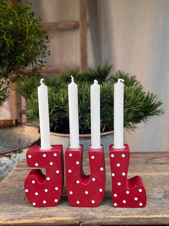 Advent Holz-Buchstaben Set JUL klein Kerzenhalter rot weiße Punkte Madleys H8