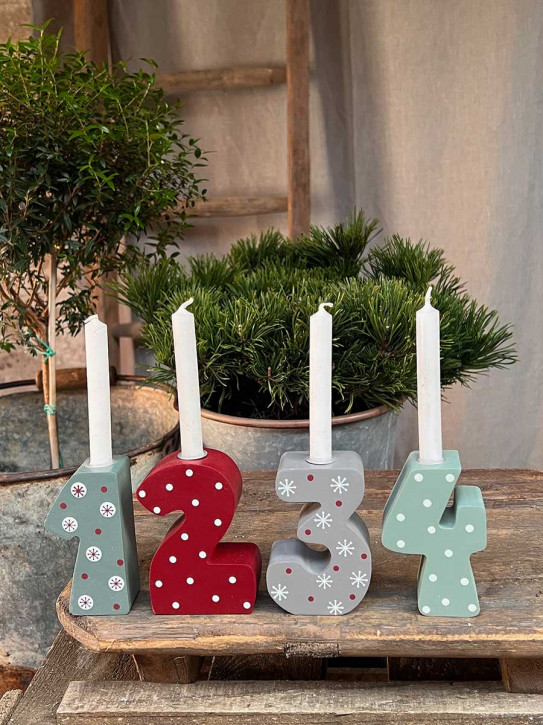 Advent Holzziffern Set 1234 Kerzenhalter bunt klein Madleys H9.5