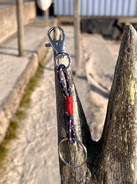 Schlüsselanhänger Seil blau rot silber 17 cm