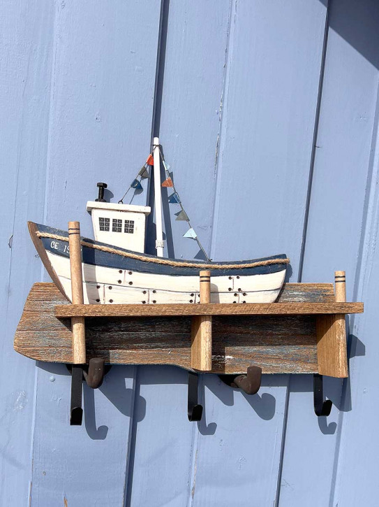 Batela Garderobe Holzschiff am Poller weiß blau 3 Haken
