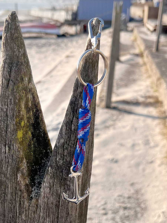 Schlüsselanhänger Anker am Seil blau rot silber 17 cm