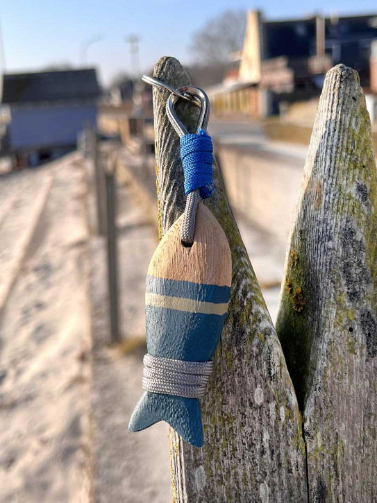Schlüsselanhänger Holzfisch blau 16 cm