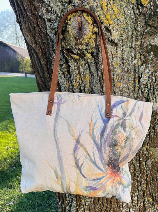 Bell'Arte Umhängetasche Stofftasche Distel Baumwolle Leinen mit Futter Lederhenkel