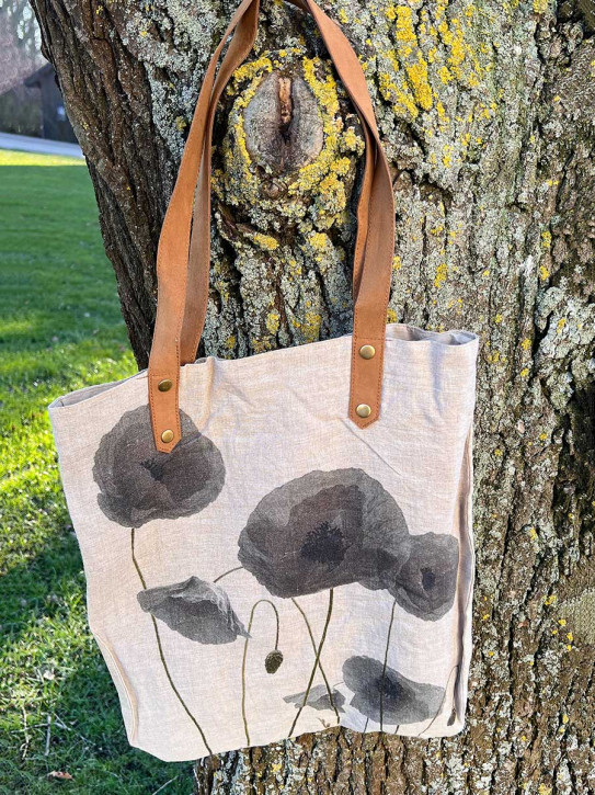 Bell'Arte leichter Stoffbeutel Mohn Leinen mit Lederhenkeln