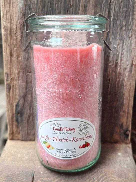 Candle Factory Mini-Jumbo Duftkerze im Weckglas weißer Pfirsich Rosenblüte Stearinkerze
