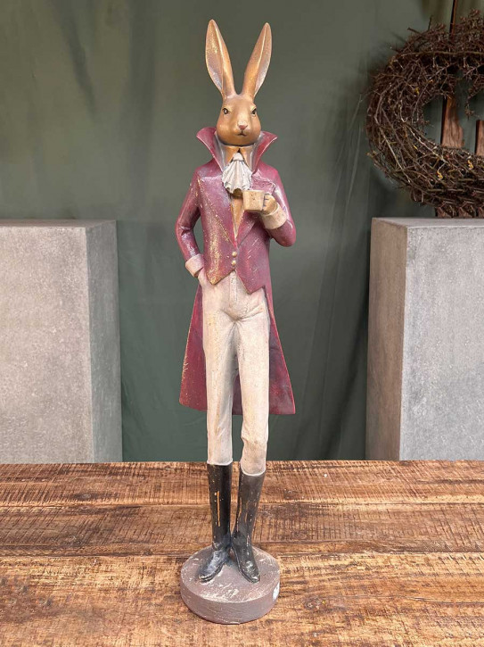 Clayre und Eef elegante Hasenfigur im violetten Frack mit Tasse H75