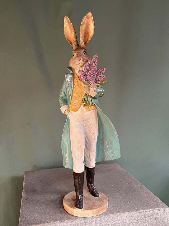 Clayre und Eef elegante Hasenfigur im grünen Mantel mit Blumen H52