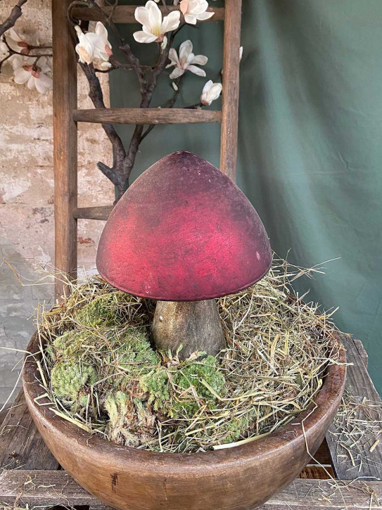 Großer Shabby Glas Dekopilz rot bauernsilber H28
