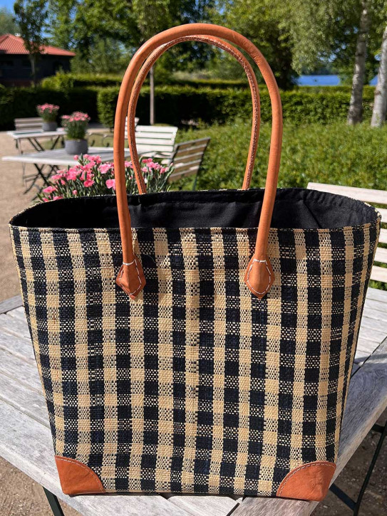 frosch und rabe Shopper schwarz kariert mit Futter Lederpatches L