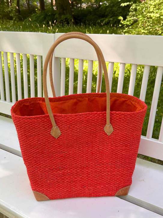 frosch und rabe Sisal Shopper coral rot mit Futter lange Lederhenkel