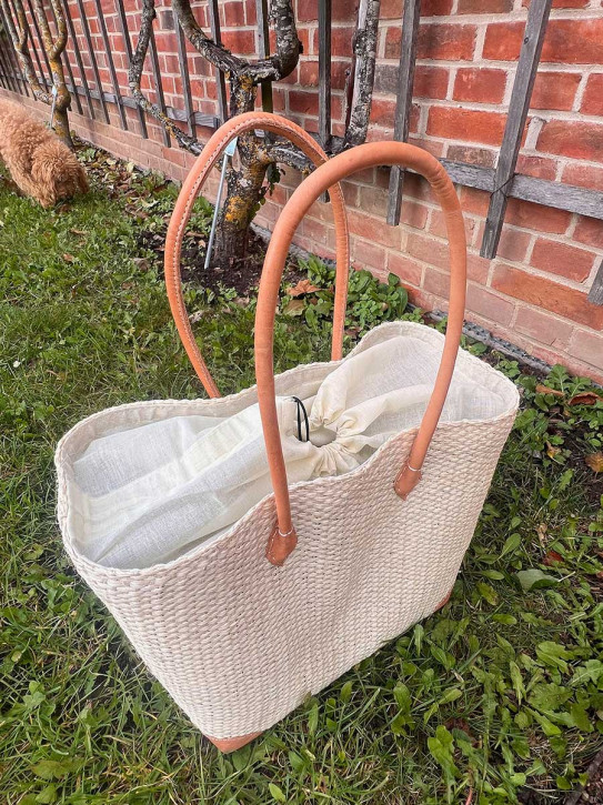 frosch und rabe Sisal Shopper natur beige mit Futter lange Lederhenkel