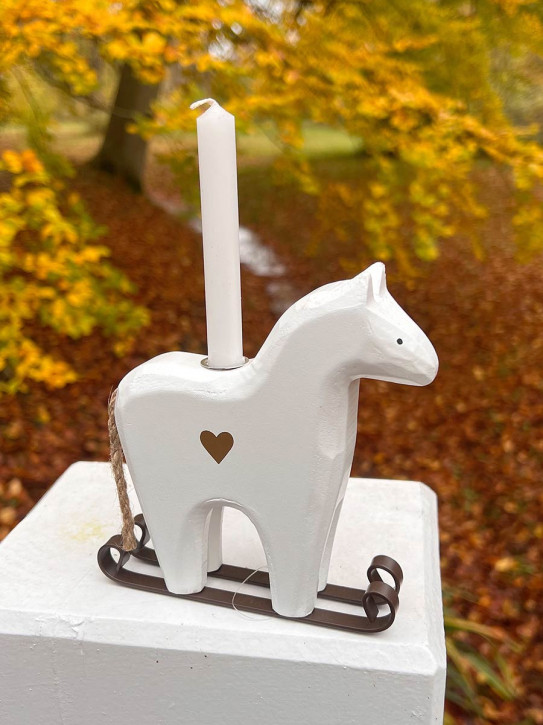 Weißes Holzpferd auf Ski Kerzenhalter Pferd Madleys H13