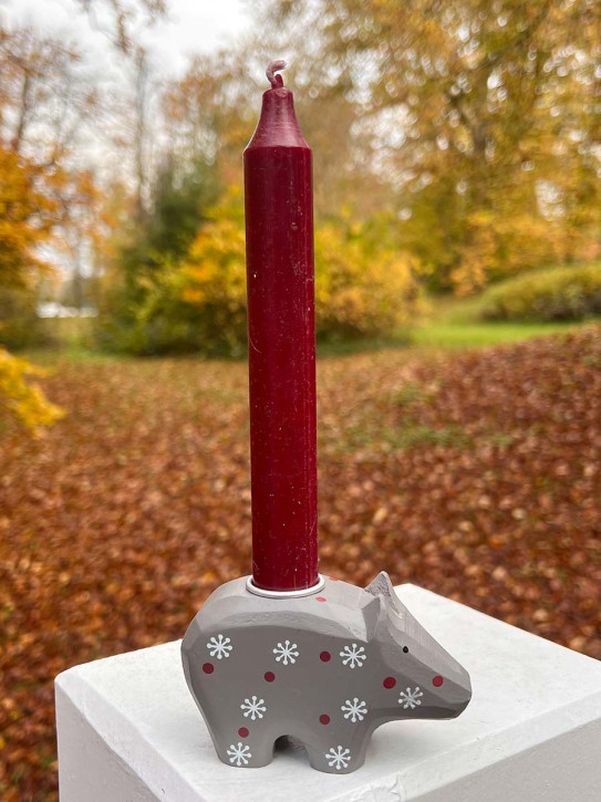 Kerzenschwein Holzschwein grau Schneeflocke Kerzenhalter Madleys H6