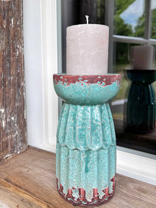 Großer Kerzenhalter Säule Antik Keramik Vintage grün H21
