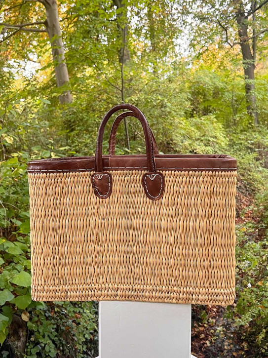 Schmale Korbtasche Shopper natur braune Lederhenkel L H31