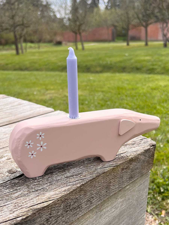 Rosa Holzschwein Blümchen länglich Kerzenhalter Madleys L23