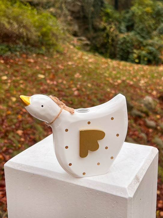 Weiße Holzgans Kerzenhalter weiß mit goldenen Punkten Kopf hoch Madleys H11 Weiße Holzgans Kerzenhalter weiß mit goldenen Punkten Kopf hoch Madleys H11