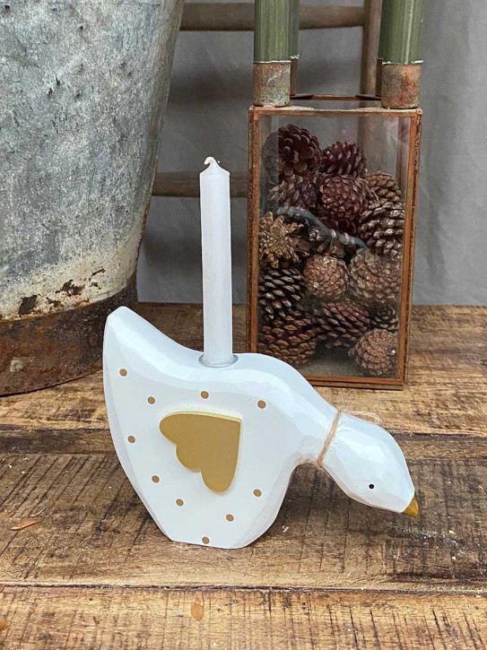 Weiße Holzgans Kerzenhalter weiß mit goldenen Punkten Kopf runter Madleys H11 Weiße Holzgans Kerzenhalter weiß mit goldenen Punkten Kopf runter Madleys H11