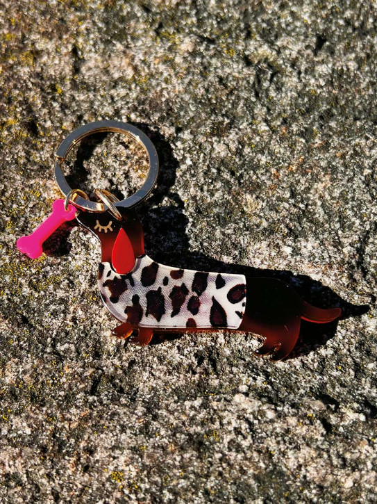 Schlüsselanhänger Dackel Tiger Pullover Acryl Kunststoff Messingring
