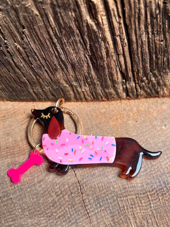 Schlüsselanhänger Dackel pink Streusel Pullover Acryl Kunststoff Messingring