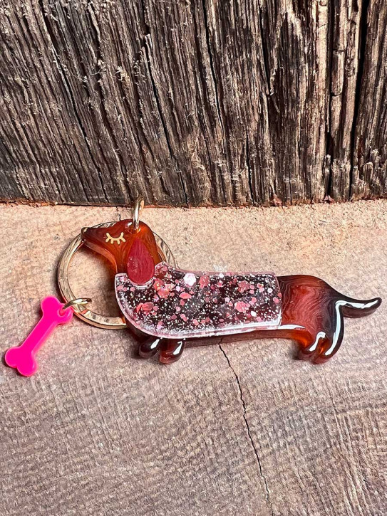 Schlüsselanhänger Dackel rosa Glitzer Pullover Acryl Kunststoff Messingring