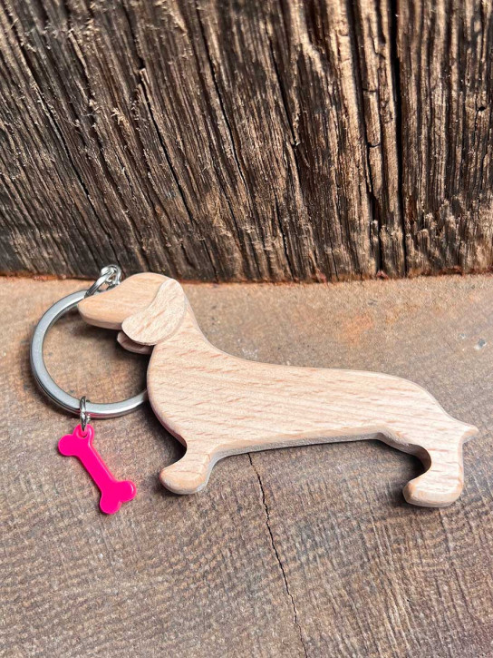 Schlüsselanhänger Dackel aus Holz am Messingring