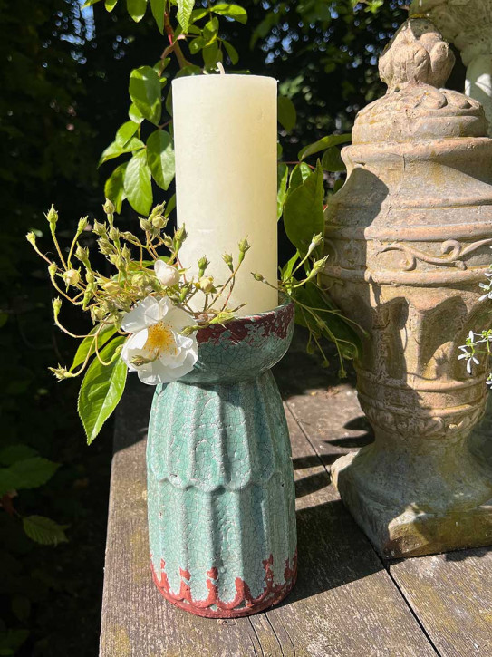 Großer Kerzenhalter Säule Antik Keramik Vintage grün H21