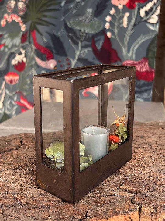 Shabby Metall Kerzenhalter Häuschen rostbraun H12