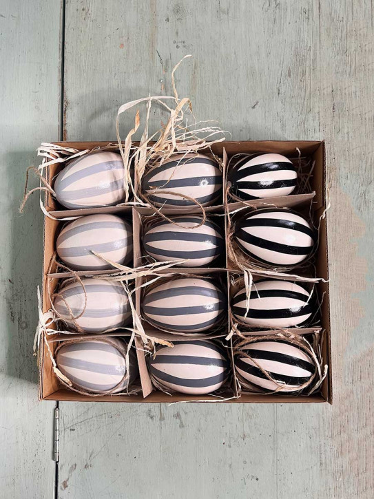 12er Pack Gänse-Eier Stripes grau schwarz H8
