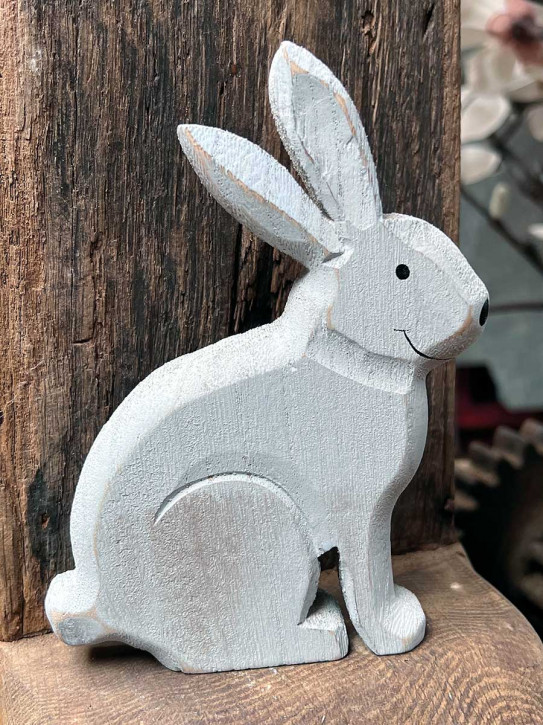 Shabby Holzhase Osterhase Hase Landhausstil geschnitzt sitzend hellblau H15