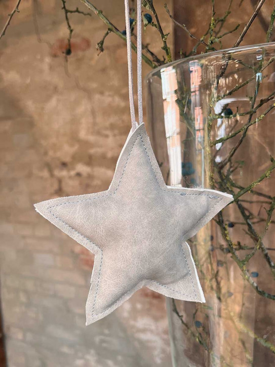 Lederstern hellgrau Stern wattiert zum Aufhängen S