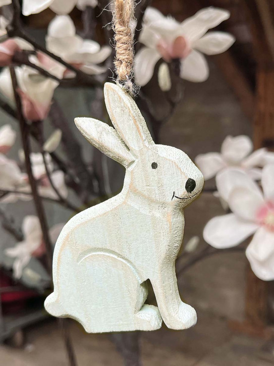 Shabby Holzhase Osterhase Hase Anhänger Landhausstil geschnitzt sitzend hellgelb H9