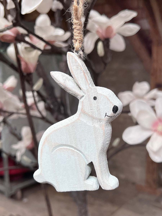 Shabby Holzhase Osterhase Hase Anhänger Landhausstil geschnitzt sitzend weiß H12