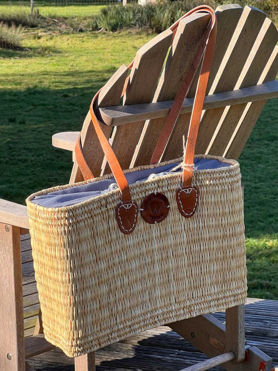 Schmale Korbtasche Shopper natur lange Schulterriemen graues Futter L