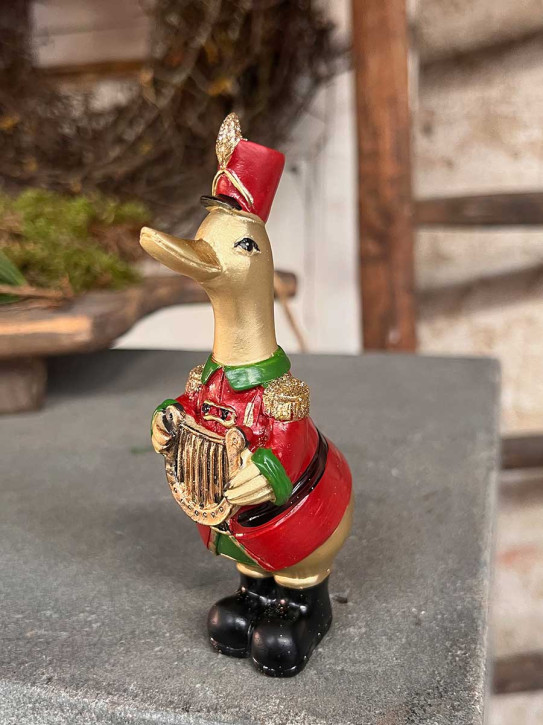 Weihnachtsente in Uniform mit Harfe aus Polyresin H14