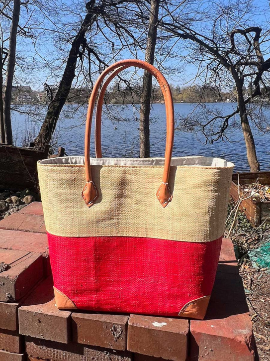frosch und rabe Shopper beige rot mit Futter Lederpatches M