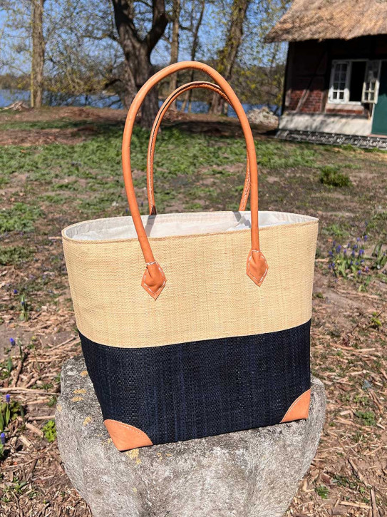 frosch und rabe Shopper beige schwarz mit Futter Lederpatches L