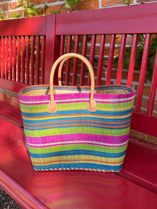 frosch und rabe Shopper fuchsia türkis grün gestreift M kurze Lederhenkel