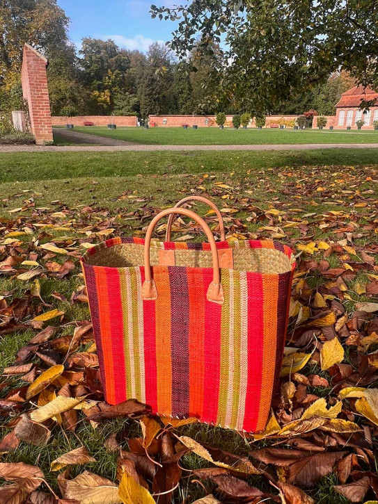 frosch und rabe Shopper orange rot grün gestreift kurze Lederhenkel L