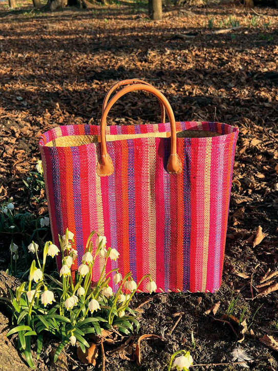 frosch und rabe Shopper pink rosa blau lila gestreift L kurze Lederhenkel