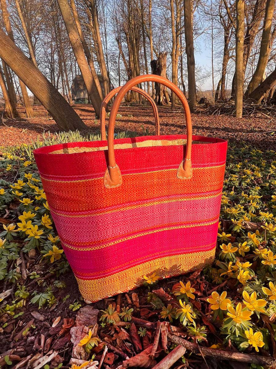 frosch und rabe Shopper rot orange gelb pink gestreift kurze Lederhenkel M