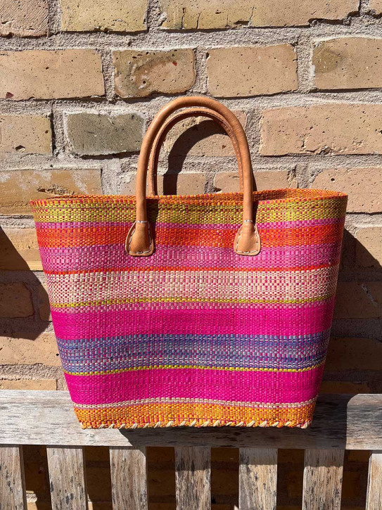 frosch und rabe Shopper soft pink grün lila bunt gestreift kurze Lederhenkel M