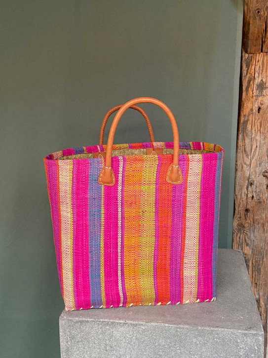 frosch und rabe Shopper soft pink grün lila bunt gestreift kurze Lederhenkel L