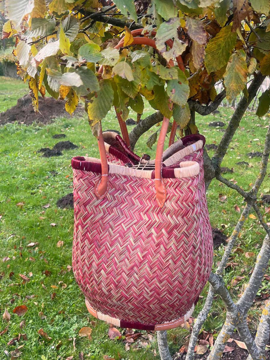 frosch und rabe Shopper rund bordeaux beige 4-fach Verschluss lange Lederhenkel L