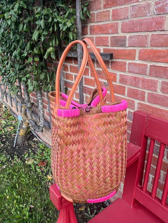 frosch und rabe Shopper rund pink olive 4-fach Verschluss lange Lederhenkel L