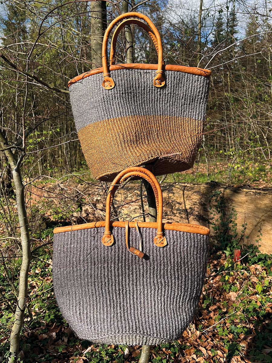 Sisal Korb Korbtasche Shopper hellgrau Lederhenkel