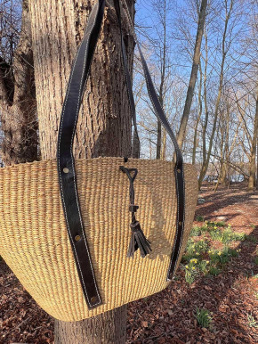 Bolga Korb Umhängetasche Shopper natur Elefantengras lange Lederriemen L