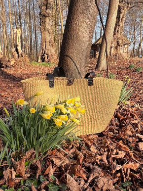 Bolga Korb Umhängetasche Shopper natur Elefantengras lange Lederriemen M