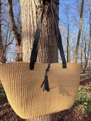 Bolga Korb Umhängetasche Shopper natur Elefantengras lange Lederriemen M